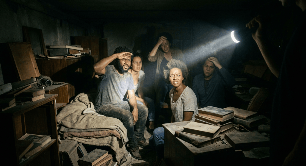 Five people shield their eyes from a flashlight in a dusty room
